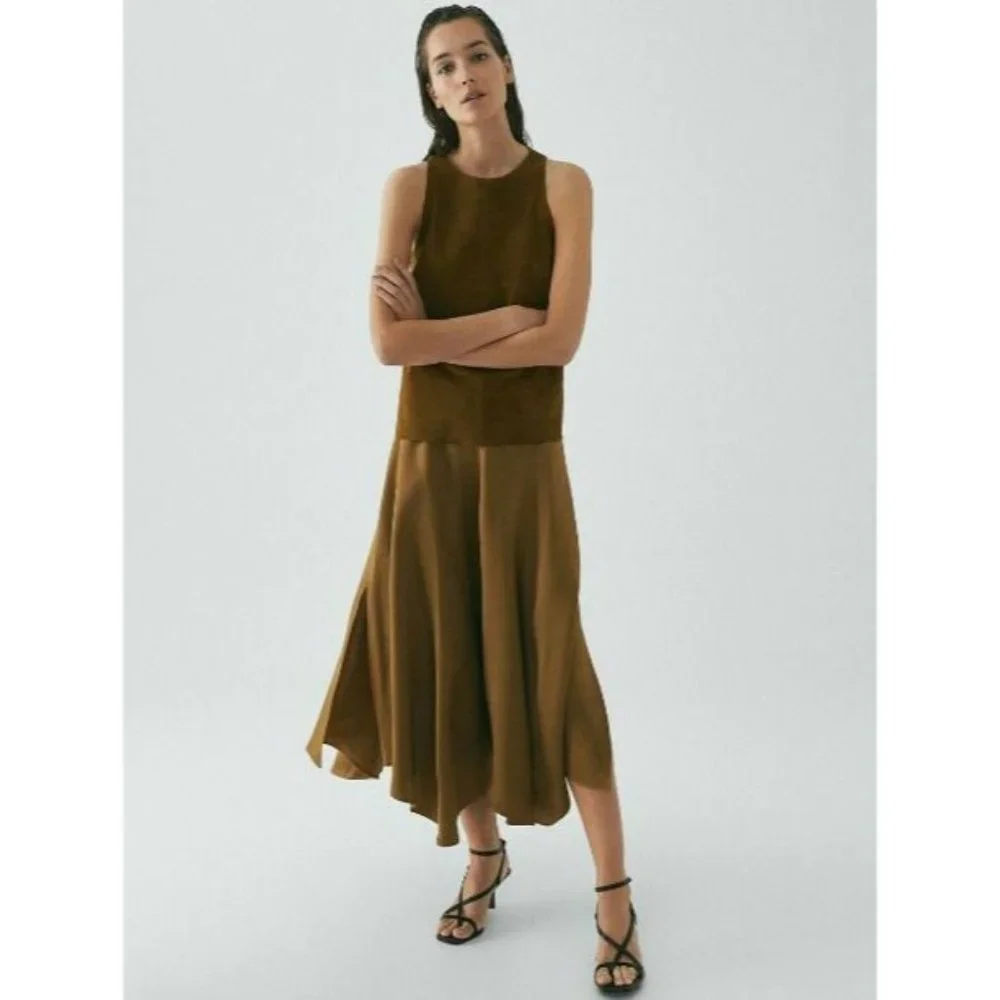 Massimo Dutti Womans Midi Skirt US 2 EU 34 Asymmetric Hem Brown 5231/555 NWT